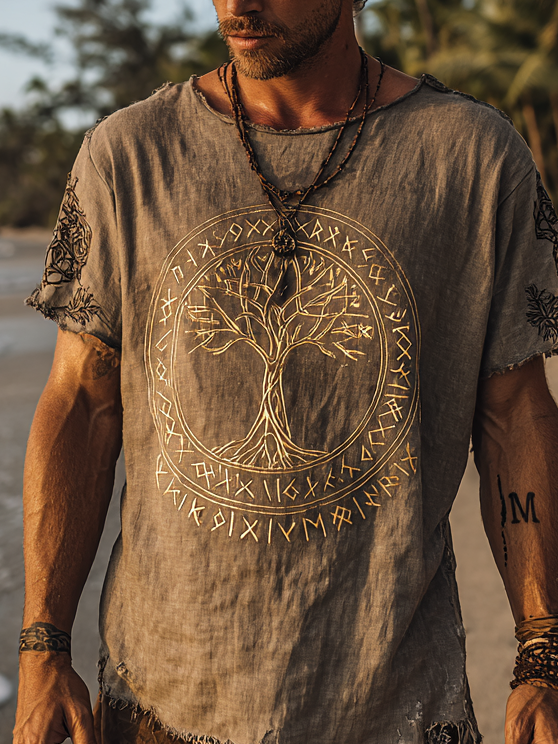 Men's Vintage Coastal Linen T-Shirt –  Gold Yggdrasil & Rune Design / Rvogue / Rvogue