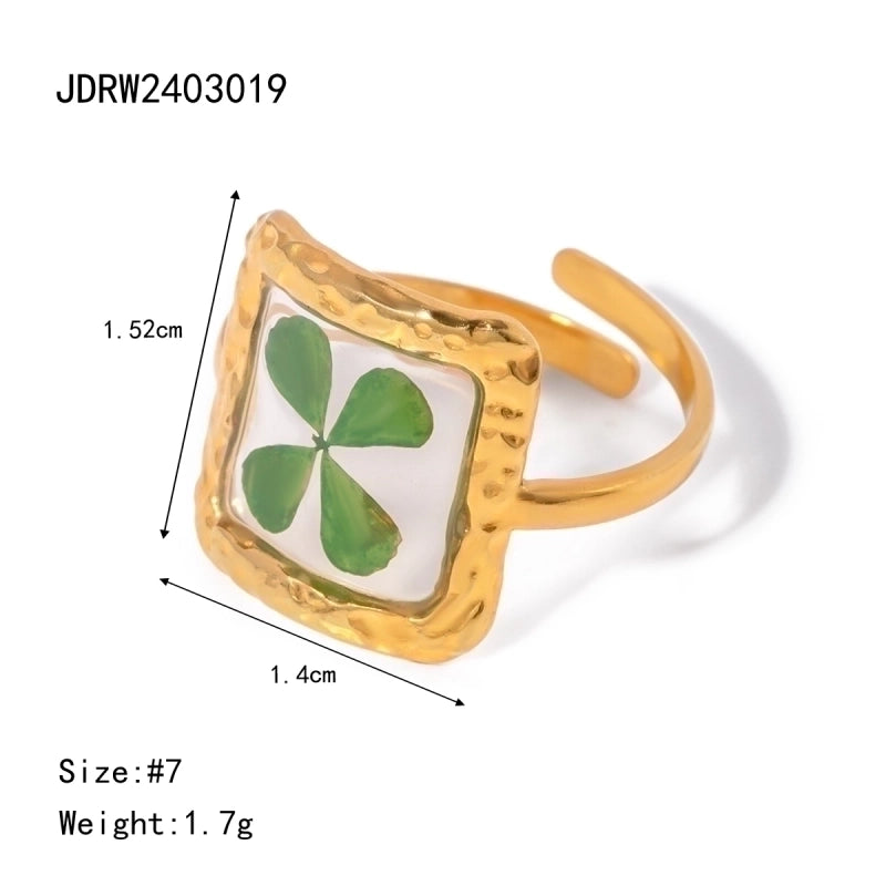 Sweet Artistic Four Leaf Clover Oval Flower 304 Stainless Steel 18K Gold Plated Rings