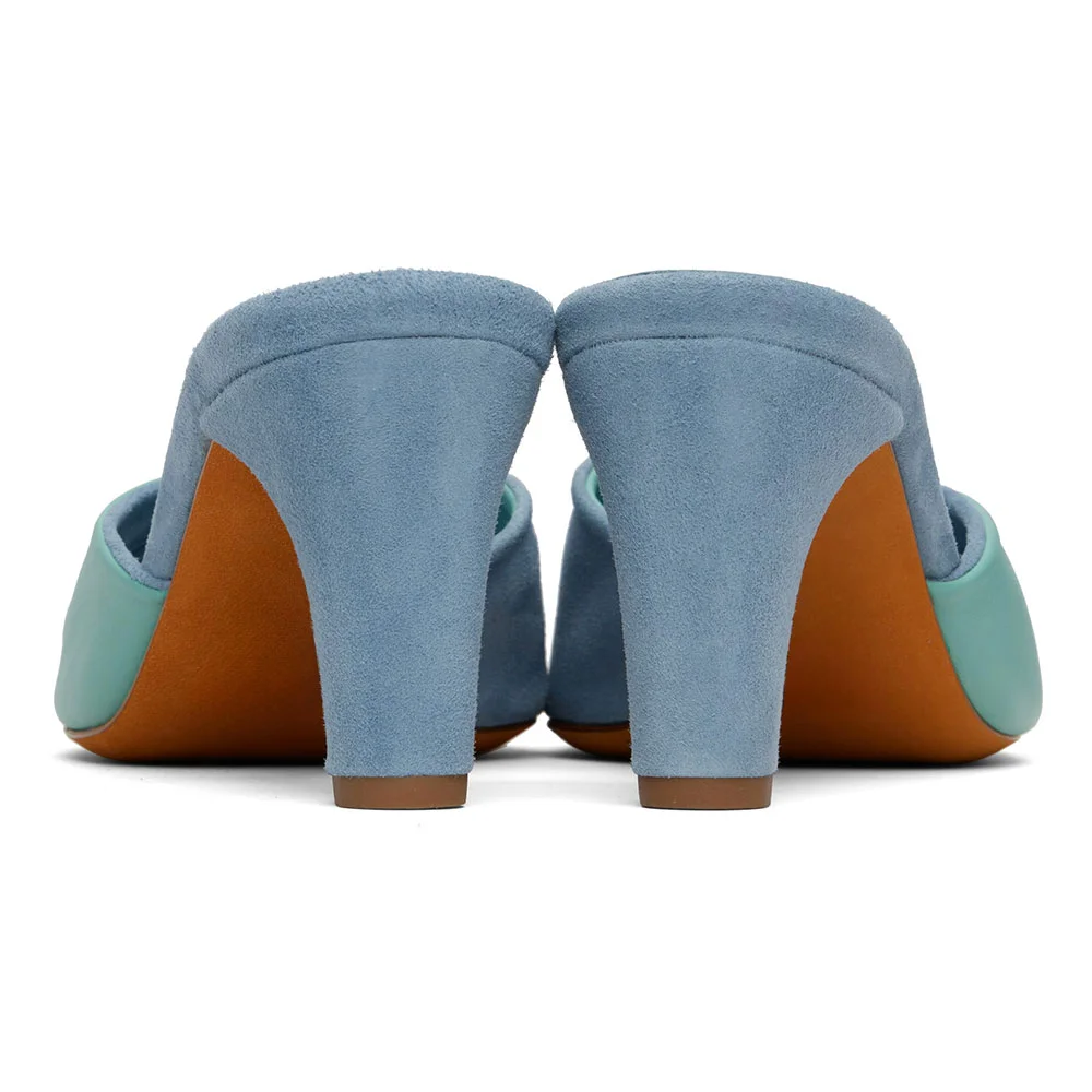 Women's Blue Open Square Toe Chunky Heel Slip On Twisted Mules Sandals