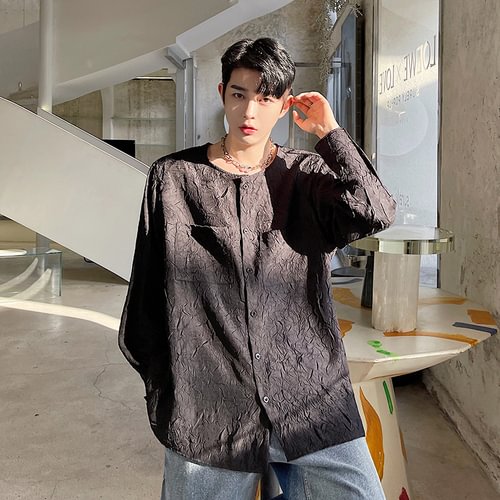 -C0219 P65 Personalized Casual Loose Collarless Pleated Shirt-Usyaboys-Mne and Women's Street Fashion Shop-Christmas