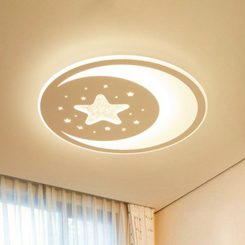 Metallic Led Flush Mount Ceiling Light For Kids Bedroom &ndash; Modern White Crescent And Star Design /