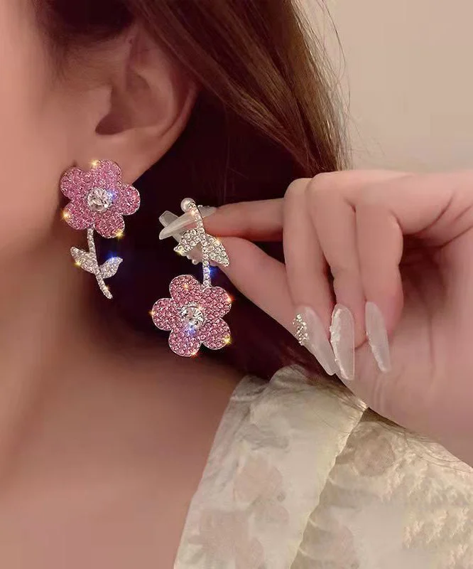 New Fashionable Pink Organza Flower Crystal Tassel Earrings