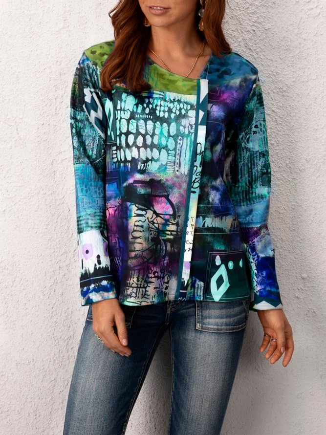 Plus Size U Neck Abstract Casual Jackets Outerwear