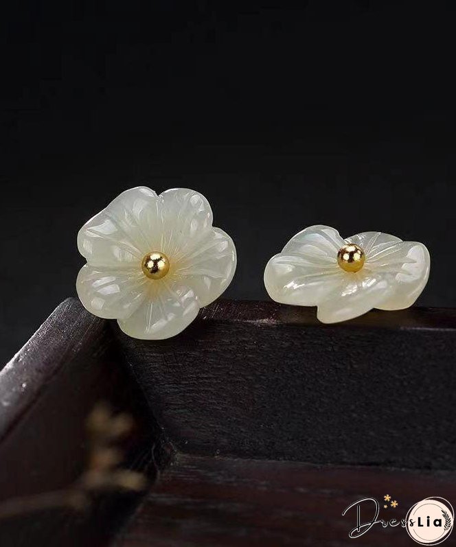 Simple White Sterling Silver Inlaid Jade Floral Stud Earrings