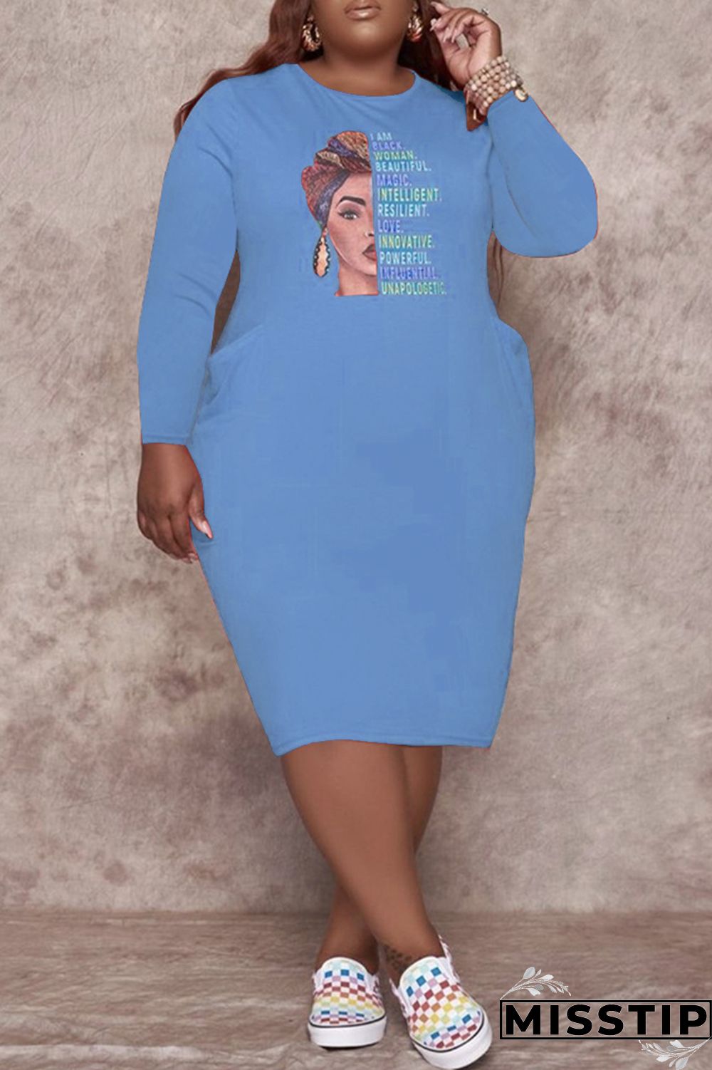 Burgundy Fashion Casual Print Basic O Neck Long Sleeve Plus Size Dresses