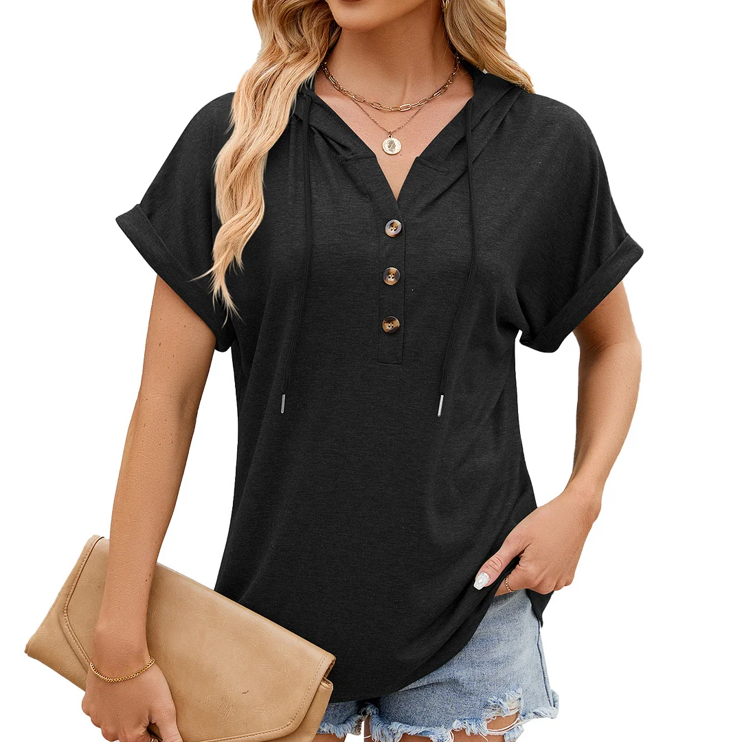 Churchf Churchf / Summer 2024 New Hooded Drawstring Button Solid Color Loose T-Shirt Top