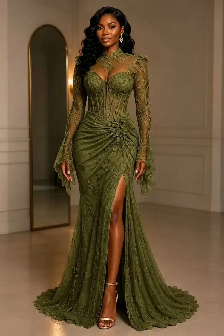 Lussooy Stunning Green High Neck Lace Applique Long Sleeves Split Mermaid Prom Dress 