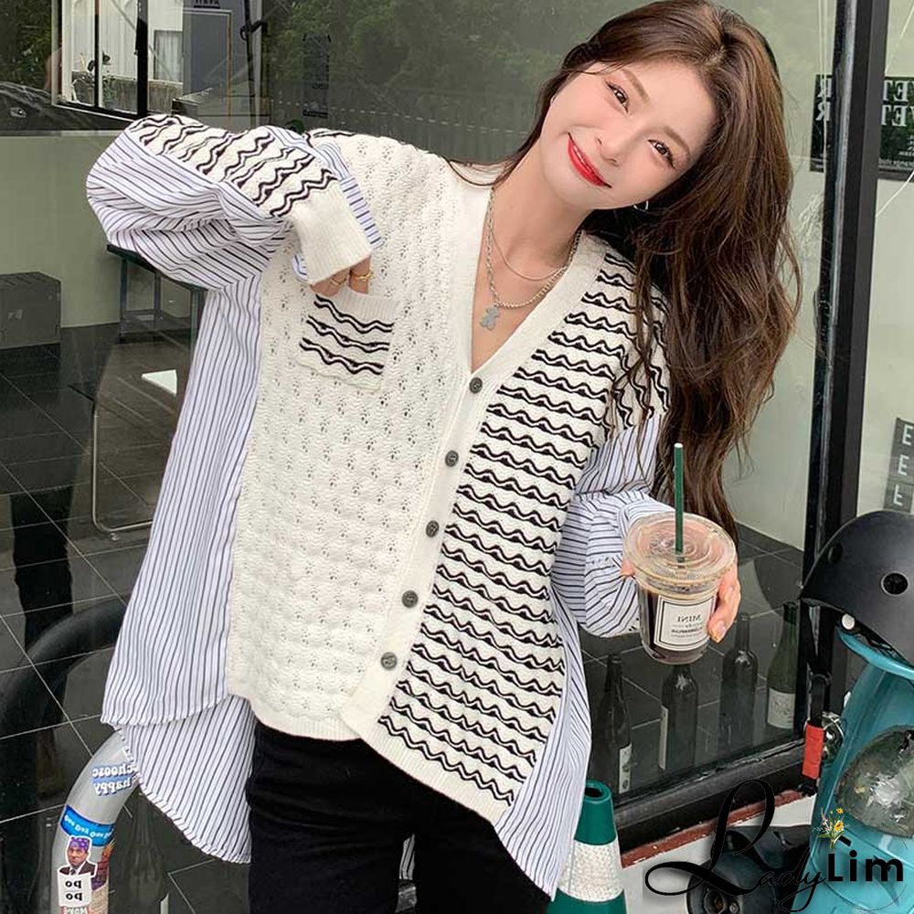 Colorblock Stripe Loose V-neck Cardigan Sweater Shirt