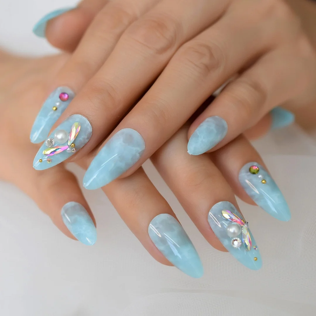 Hookah Tips Nail Press On Nail With Fake Rainbow Diamond Rhinestone Full Cover Supplies For Professionals Medium Almond Sharpset-Nail Inspo