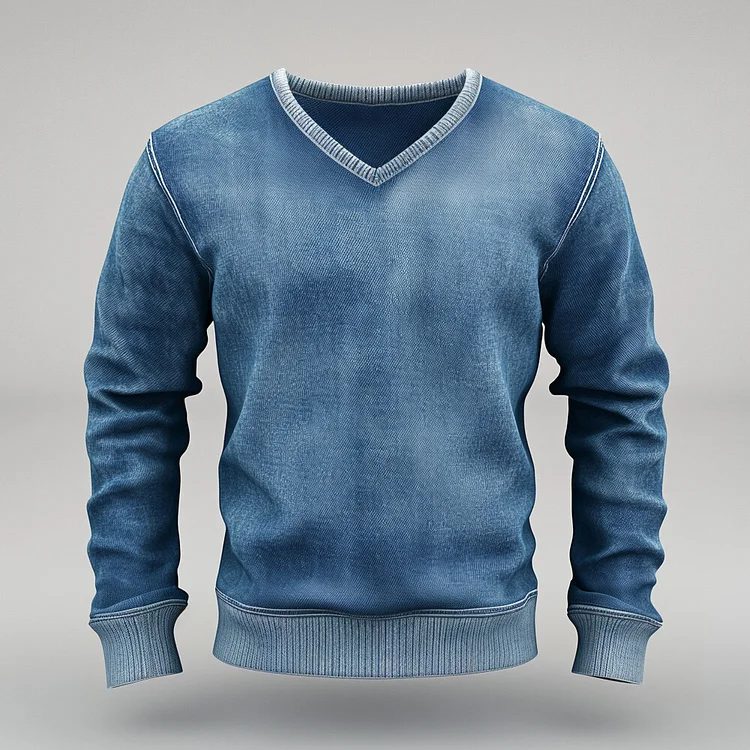 Men's V Neck Long Sleeve Denim Casual Sweatshirt