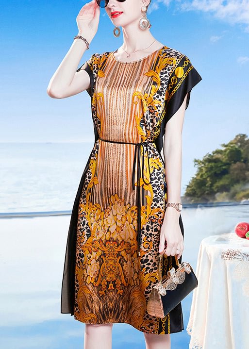 Fashion Khaki O-Neck Print Side Open Sashes Silk Robe Dresses Short Sleeve