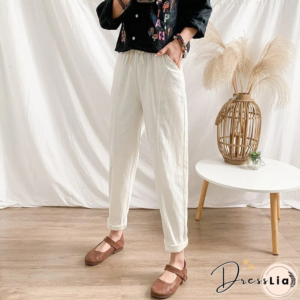 Summer Womens Pants-Cotton Linen Large Size Casual Loose Ankle-Long Capri Drawstring