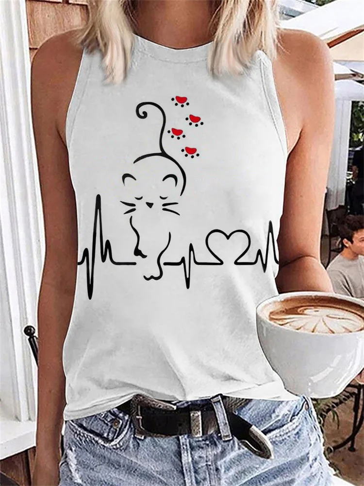 Cat Heart Paws ECG Graphic Tank Top