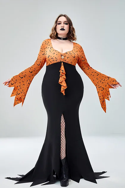 black and orange halloween dress Girls Orange Castle Print Witch Costume Dress for Halloween | Orange / 5-6 Years (130cm)