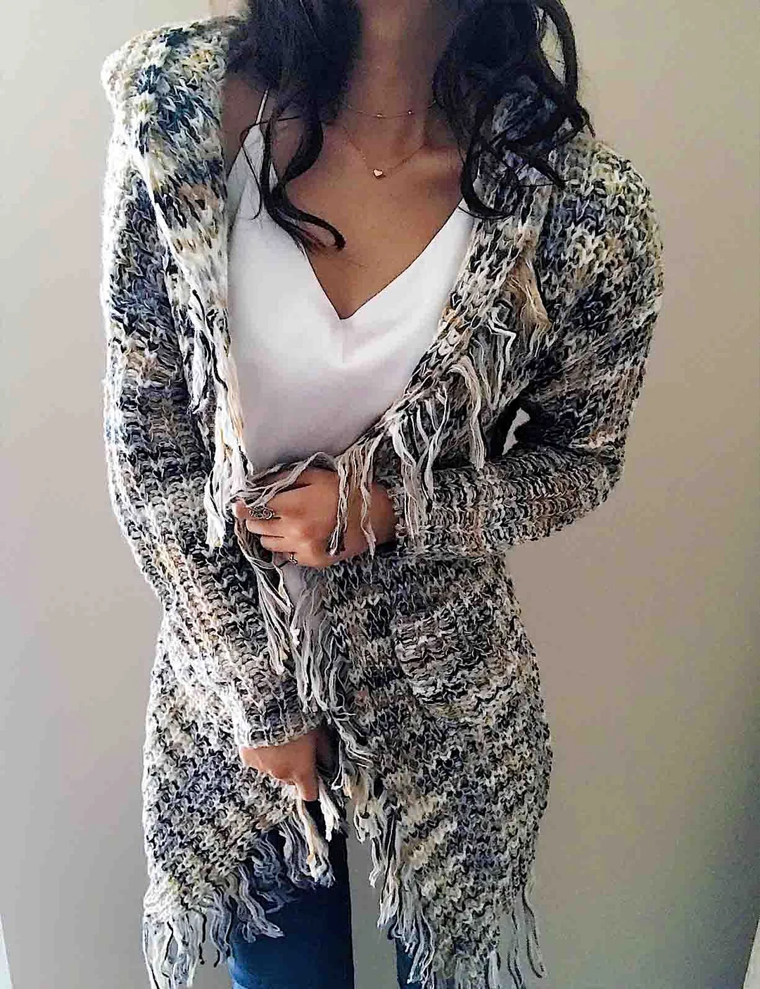 Fashion Tassels Knit Hoodie Long Sleeve Cardigan