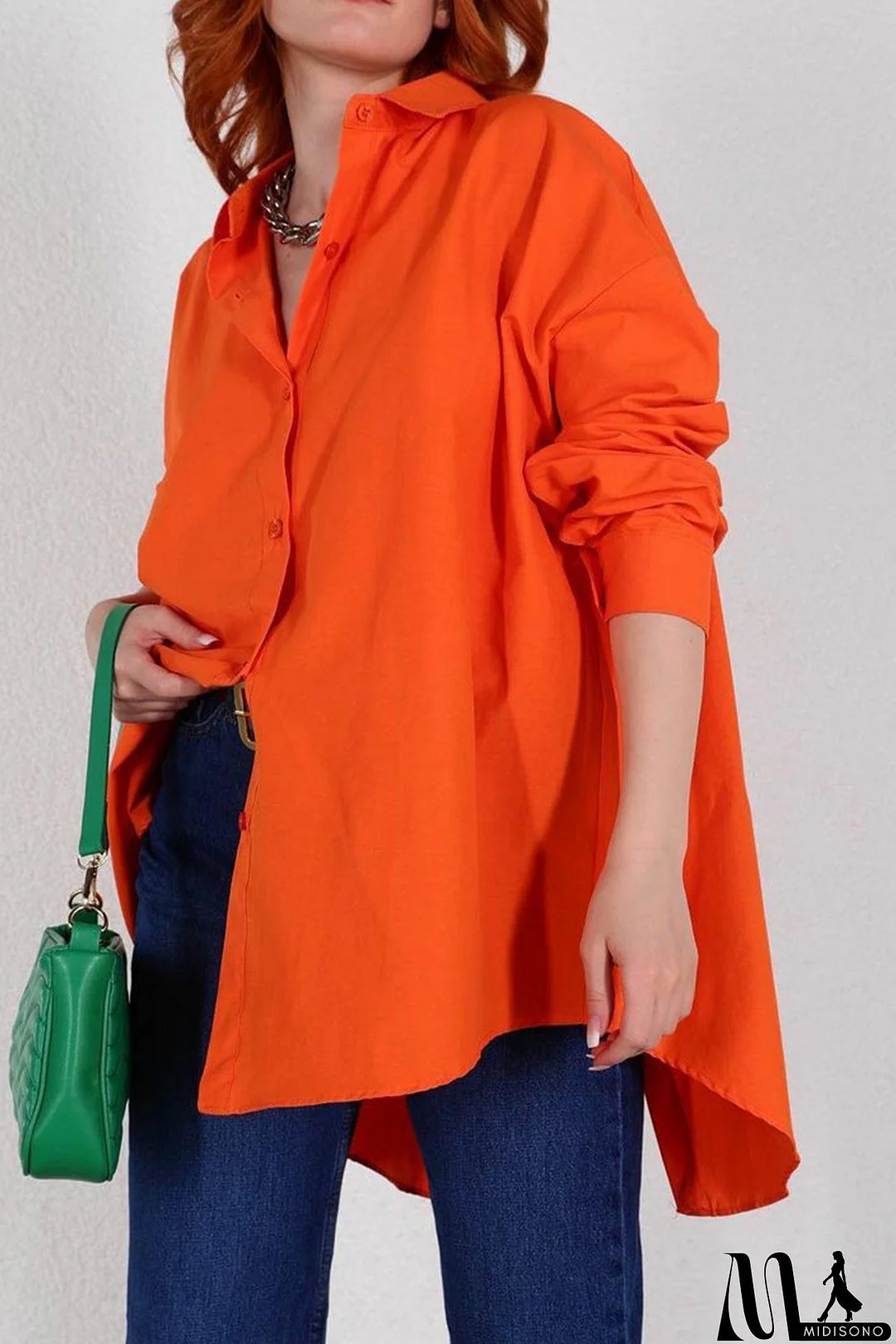 MidiSono - Single-breasted Back Slit Solid Blouse