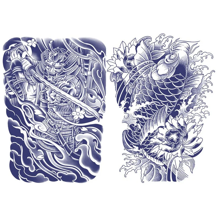 2 Sheets Samurai Fish Half Arm Juice Ink Semi-Permanent Tattoo Lasts 15 days
