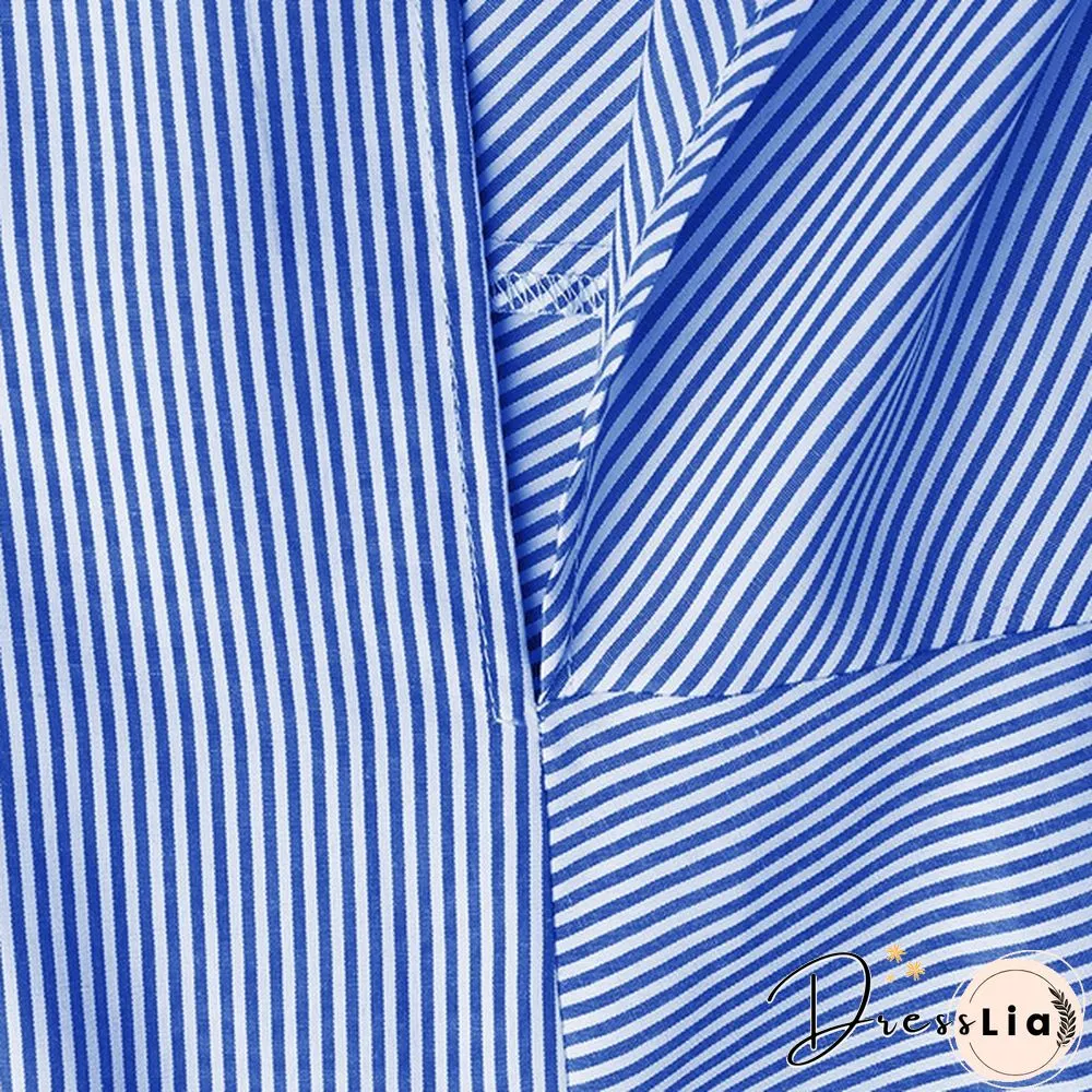 Women Fashion Pleated Ruffled Hem Baggy Irregular Hem Vestido S-5XL Batwing Sleeve Lapel Collar Striped Dresses