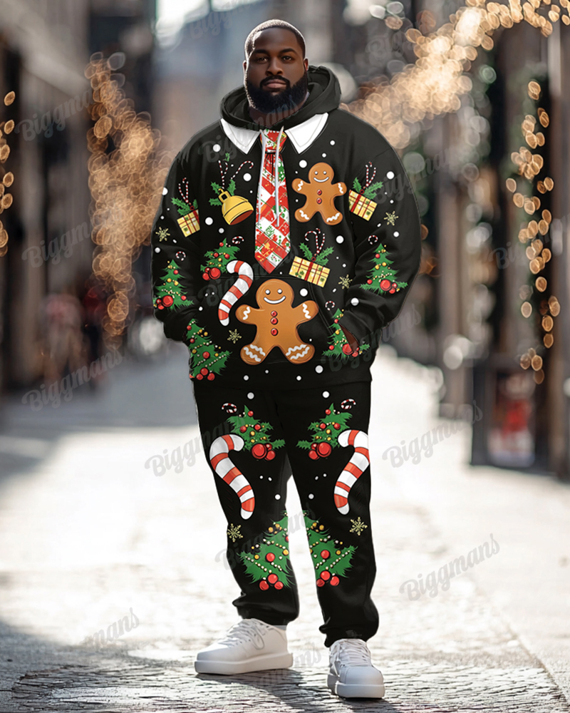 Mens Christmas Black Gingerbread Man Tie Print Plus Size Hoodie Suit