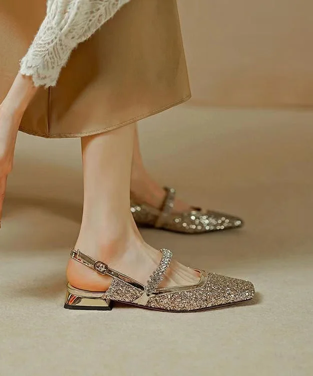 French Versatile Rhinestone Sequin Square Toe Chunky Sandals