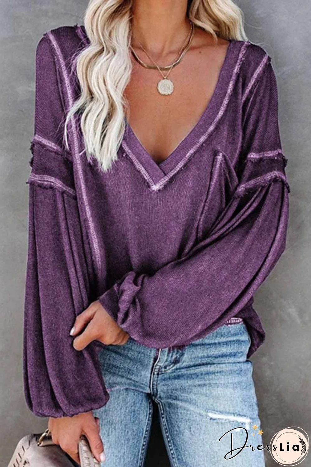 Solid Color Pullover V-Neck Bubble Long Sleeves Tops(4 Colors)