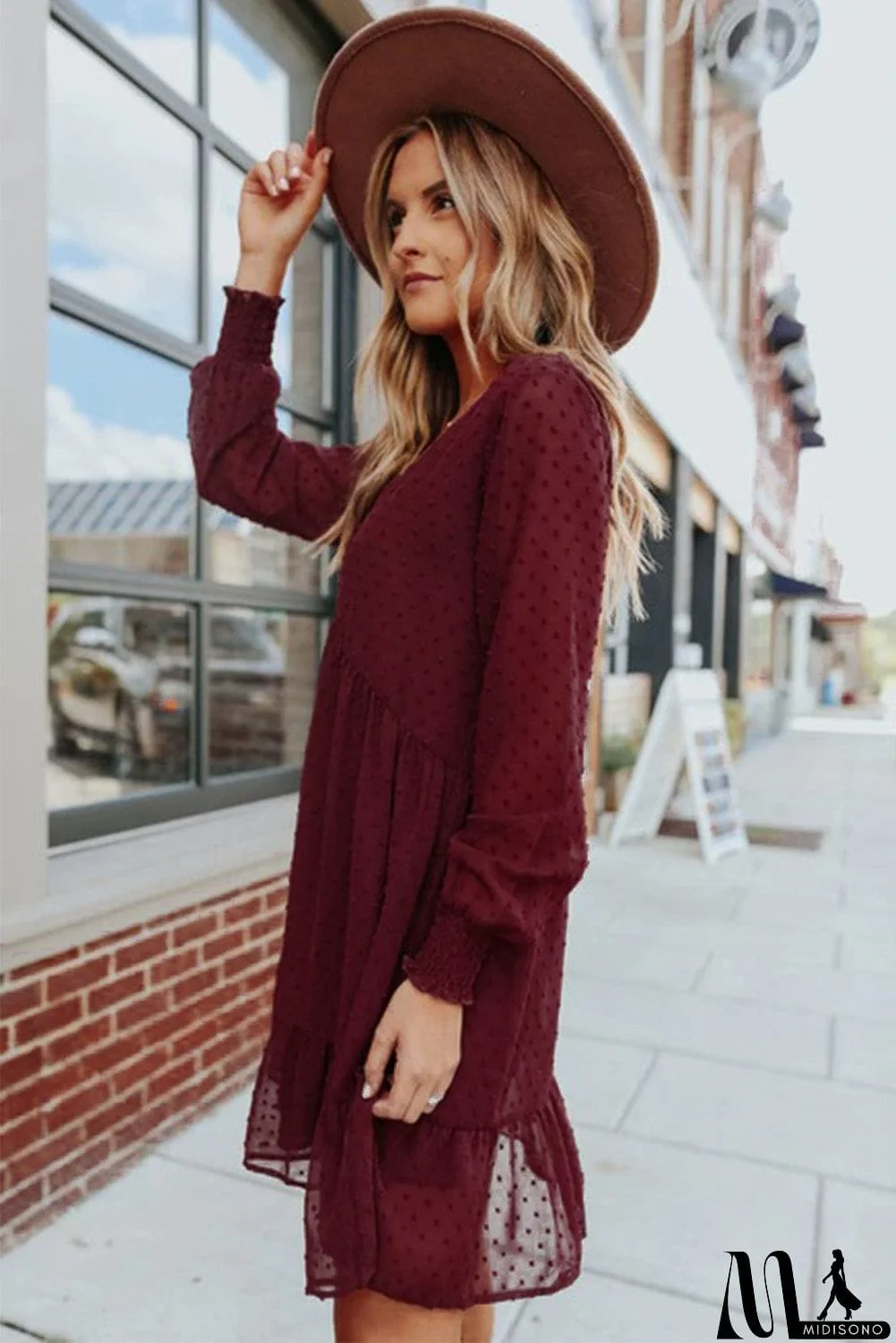 MidiSono - V-Neck Dotted Burgundy Empire Dress