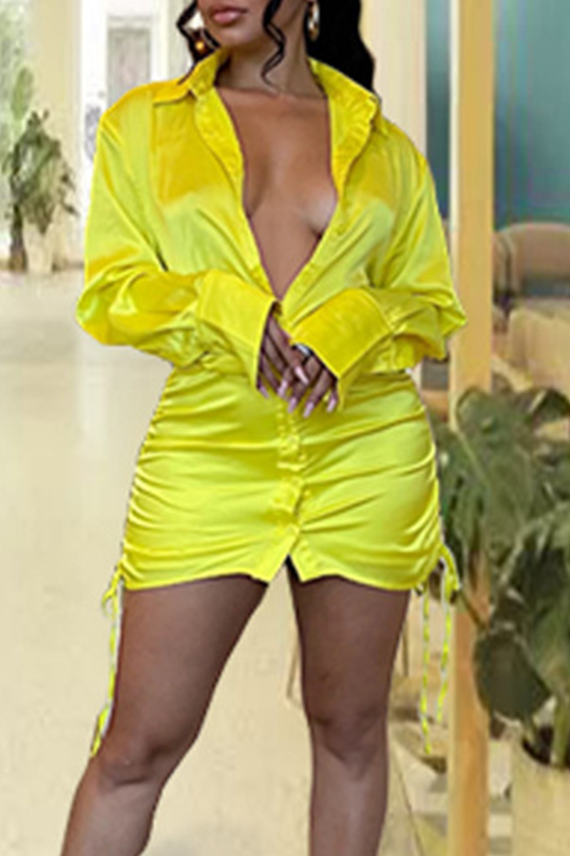 Yellow Sexy Solid Draw String Turndown Collar Shirt Dress Dresses | EGEMISS