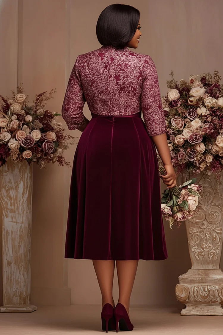 Xpluswear Design Plus Size Mother Of The Bride Burgundy 3/4 Sleeve Elegant Velvet Two Piece Dress Set [Pre-Order]