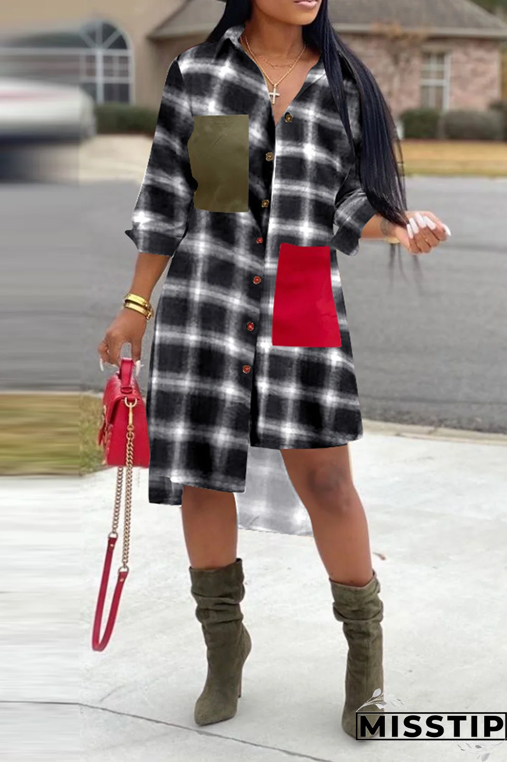 Blue Casual Plaid Patchwork Turndown Collar Shirt Dress Dresses