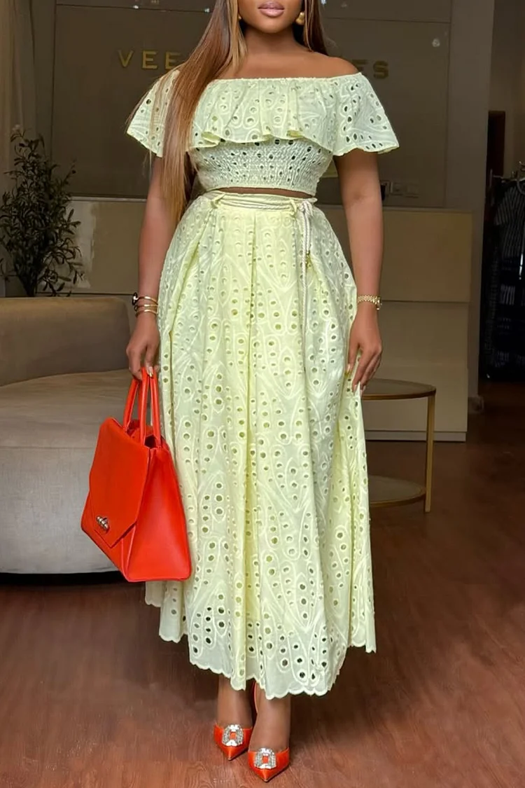 Plus Size Daily Green Off The Shoulder Short Sleeve Pleated Elegant Lace Two Piece Skirt Sets [Pre-Order] 2024 - Xpluswear