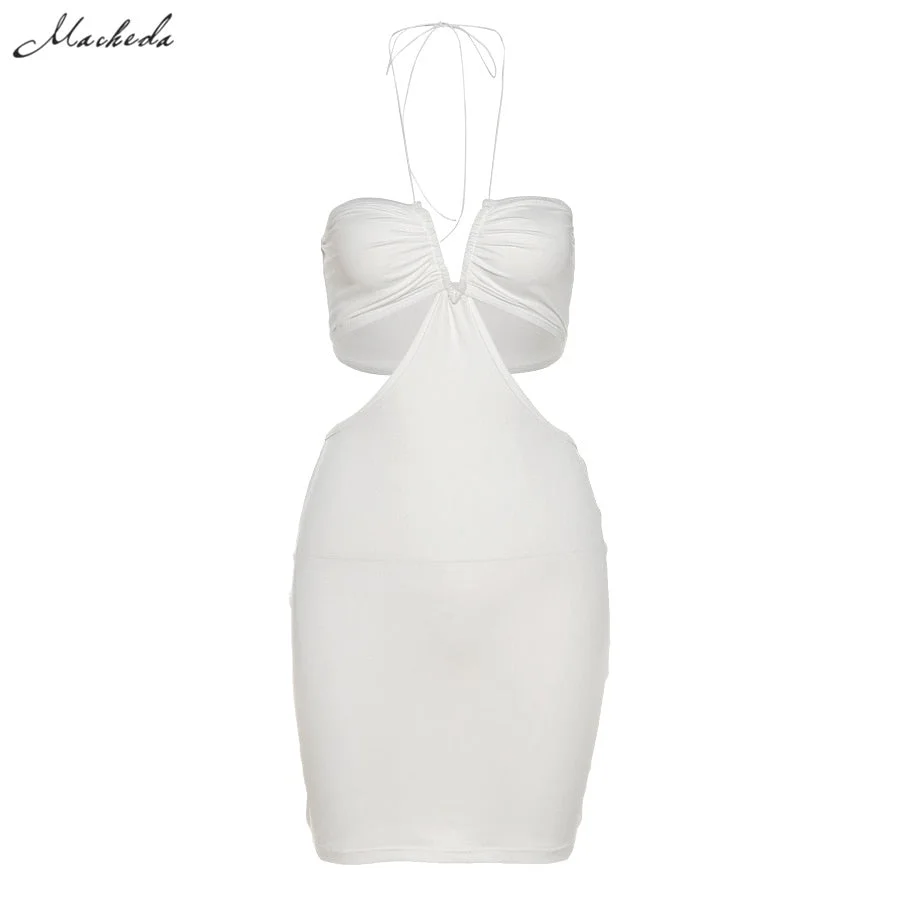 Macheda Summer White Sexy Waist Hollow Out Dress Women Slim Halter V Neck Sleeveless Lady Fashion Street Solid Mini Dresses