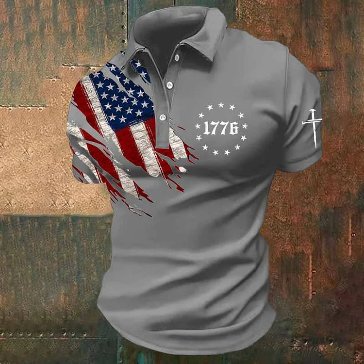 Men's Independence Day Faith Cross Printed Casual Polo Shirt