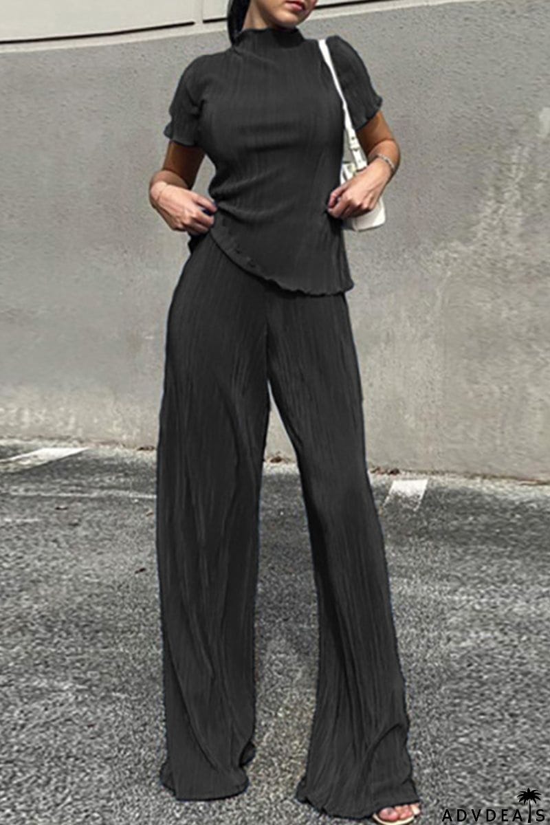 Casual Solid Fold Half A Turtleneck Short Sleeve Two Pieces