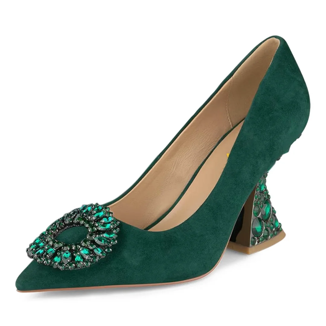 Leopard Faux Suede Pointed Rhinestone Embellished Decorative Heels