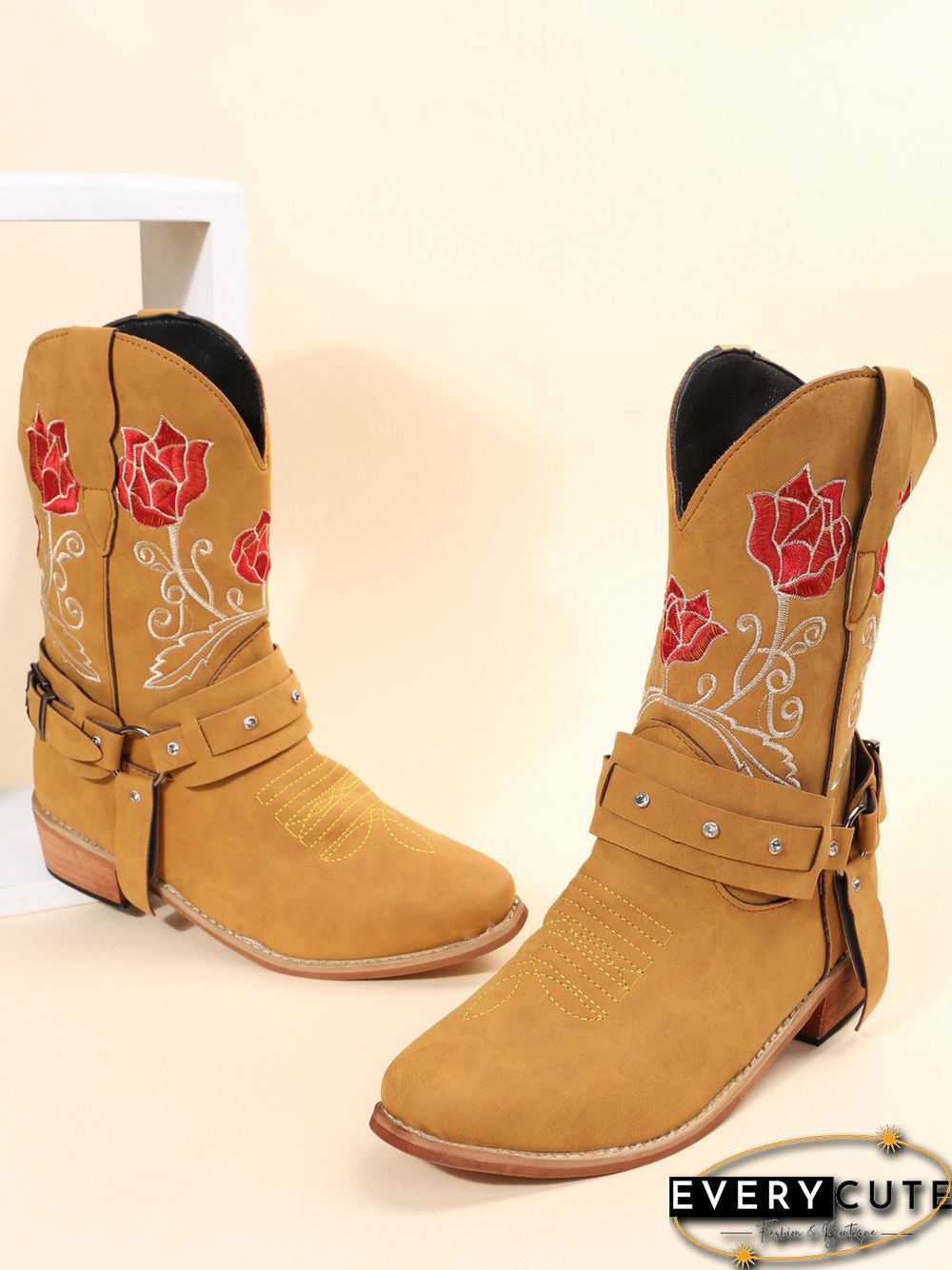 Vintage Floral Embroidered Sleeve Pointed Toe Chunky Heel Cowboy Boots