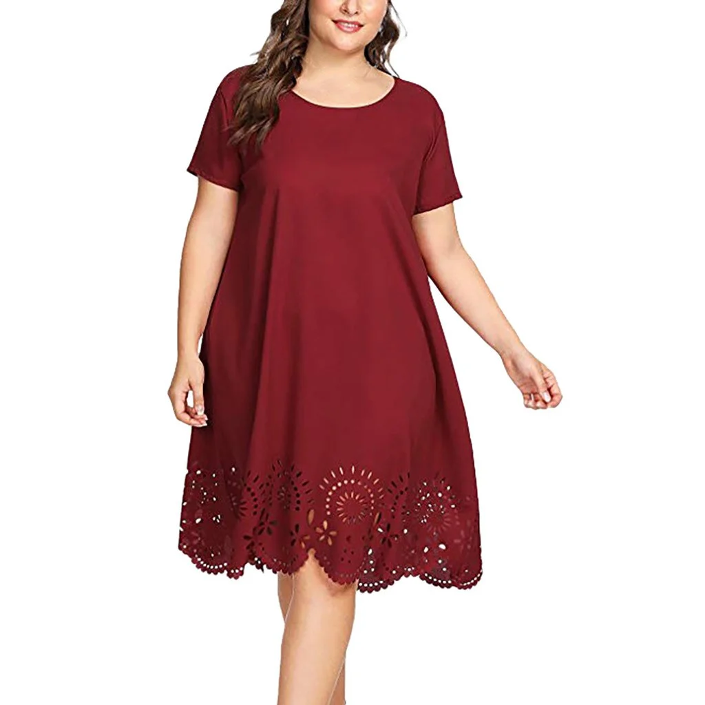 Plus Size Dress Women Summer Dress Short Sleeve O-Neck Hollow Out Casual Solid Color Loose Beach Dresses Party Dresses Vestidos