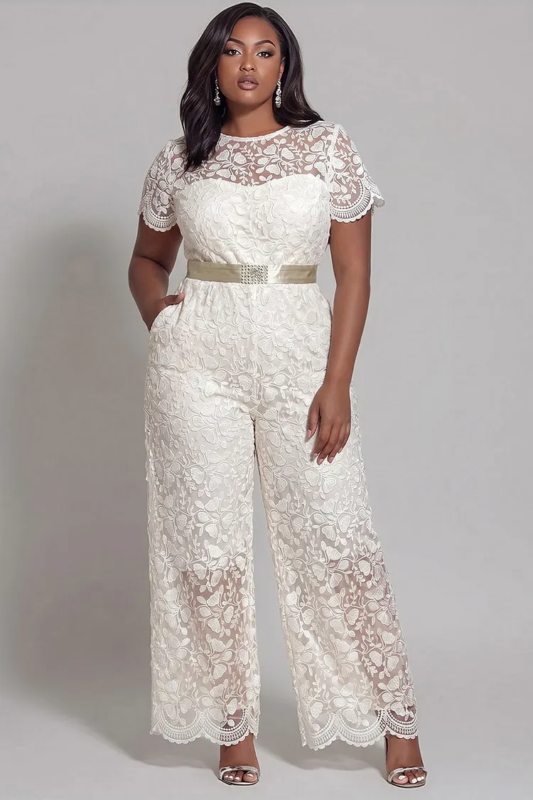 Xpluswear Design Plus Size Cocktail Party White Round Neck Short Sleeve Pocket See Through Lace Jumpsuits [Pre-Order] 2024 - Xpluswear