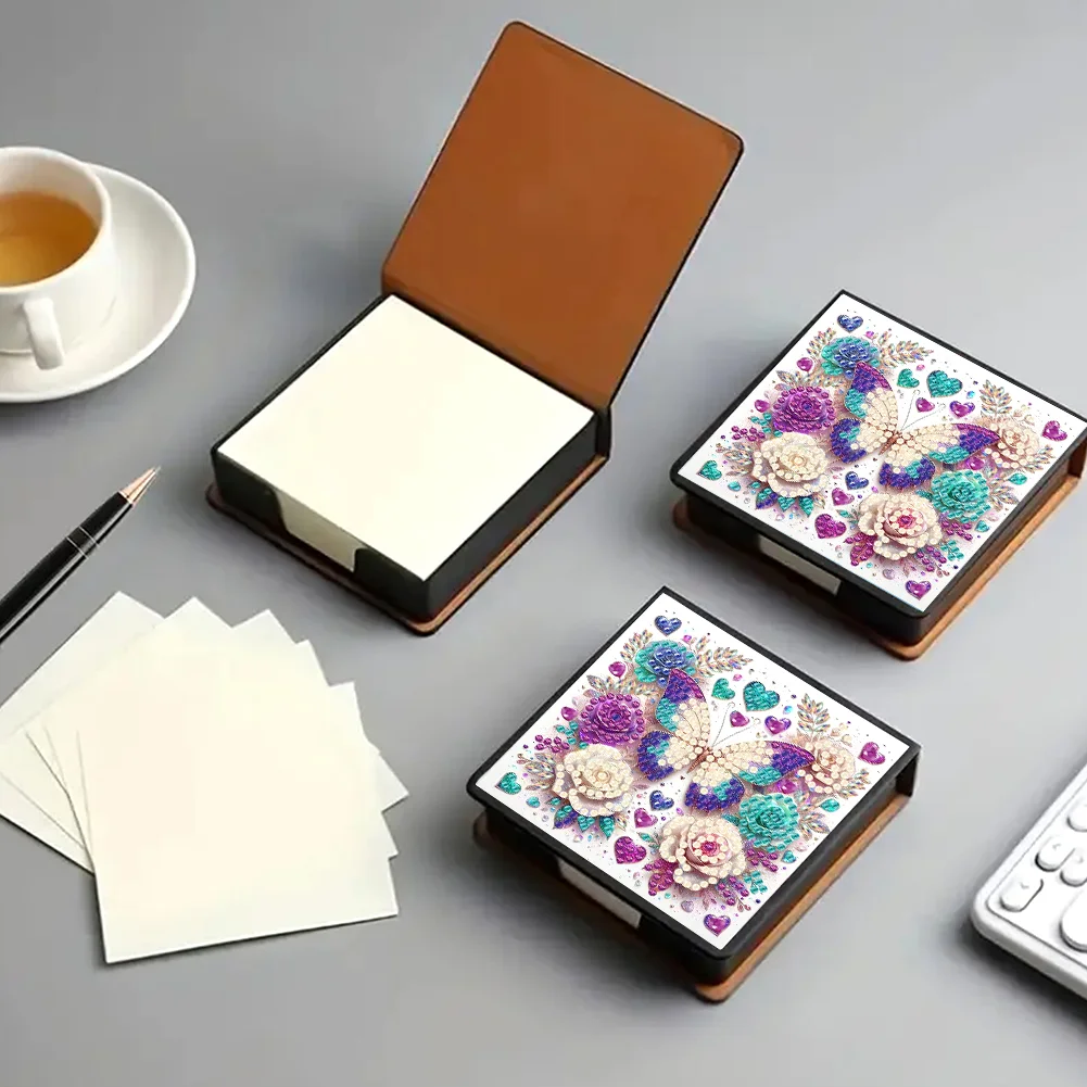 DIY Flower Butterfly Leather Diamond Art Note Box with 160 Sheets of Paper for Beginners