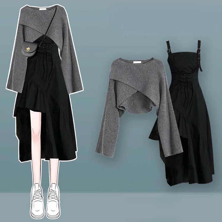 【35% OFF】Cross Knit Sweater Lace Up Irregular Ruffled Slip Dress Two Piece Set - Modakawa Modakawa