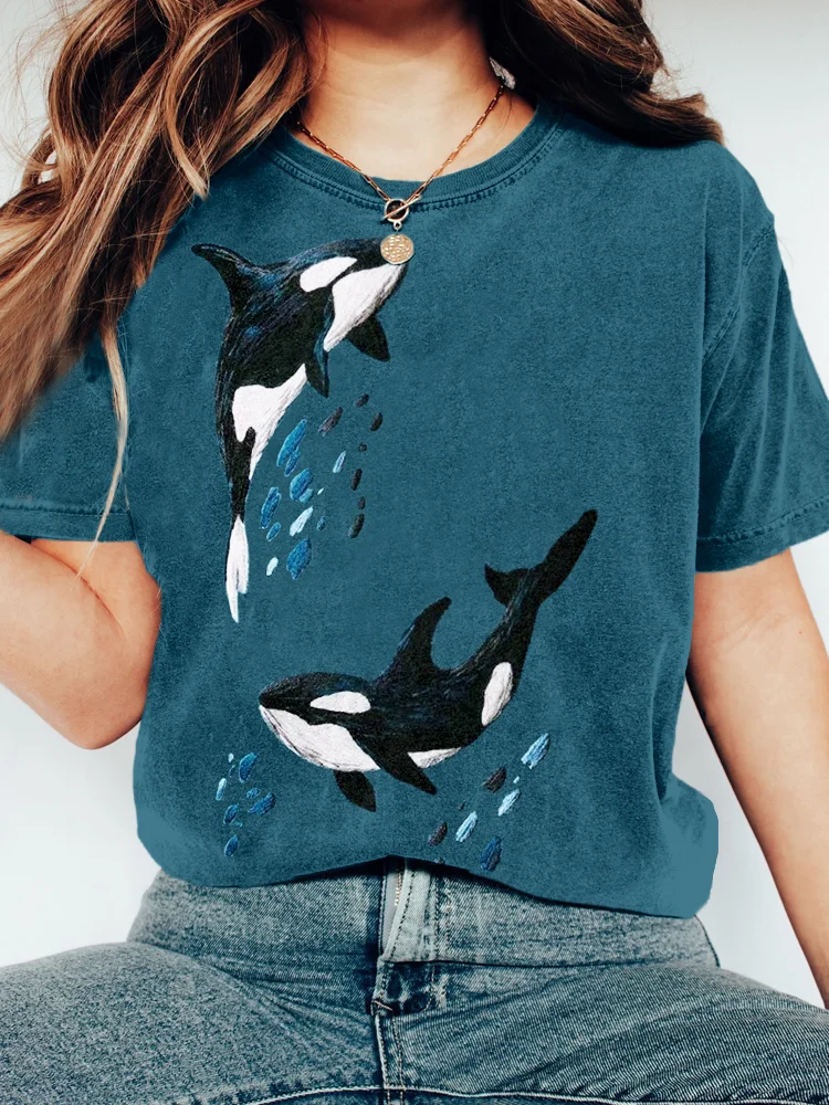 Whales Embroidery Art Pattern Vintage Comfy T Shirt