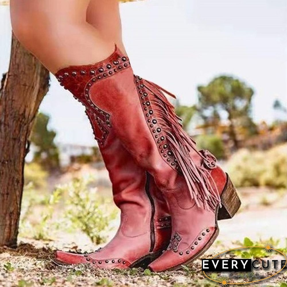 Womens Knee High Boots Leather Riding Boots Medieval Western Cowgirl Boots Tall Boots Autumn Winter Warm Pointed Toe Flat Martin Boots Fashion Ladies Chunky Heel Ankle Boots Shoes