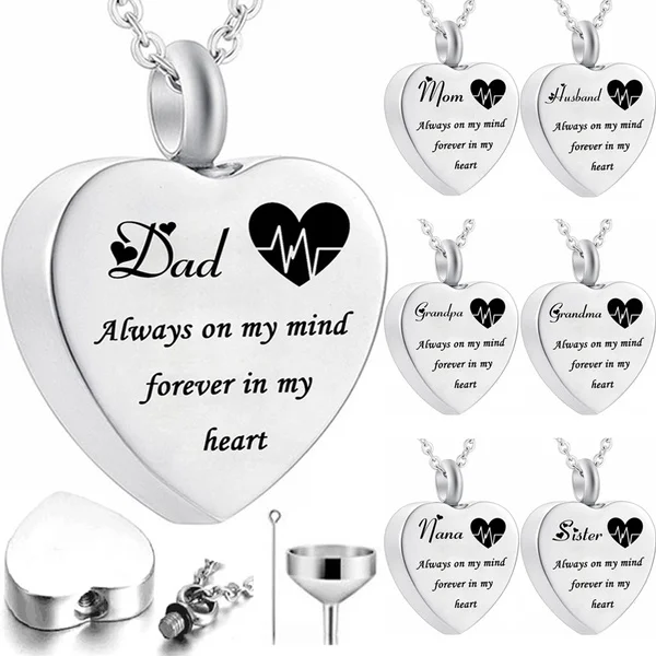 Always On My Mind Forever In My Heart Titanium Steel Funeral Cremation Heart Pendant Keepsake Urn Necklace For Ashes Memorial Jewelry Mementos With Funnel Kit