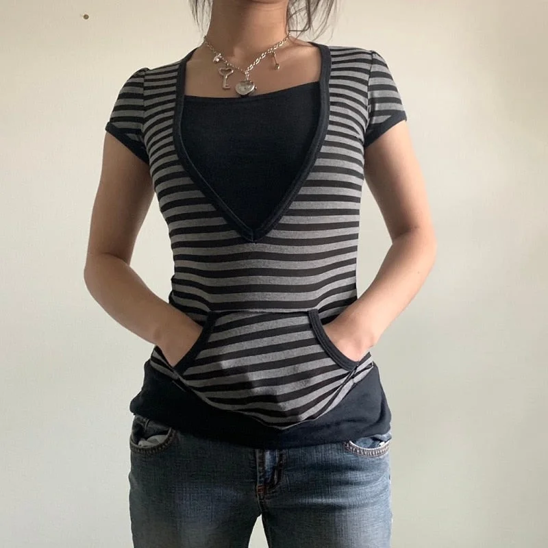 Xingqing y2k Short Sleeve Top Women Stripe Patchwork Harajuku Tee Vintage Woman Clothes Fairy Grunge Tshirt with Pocket Outfits