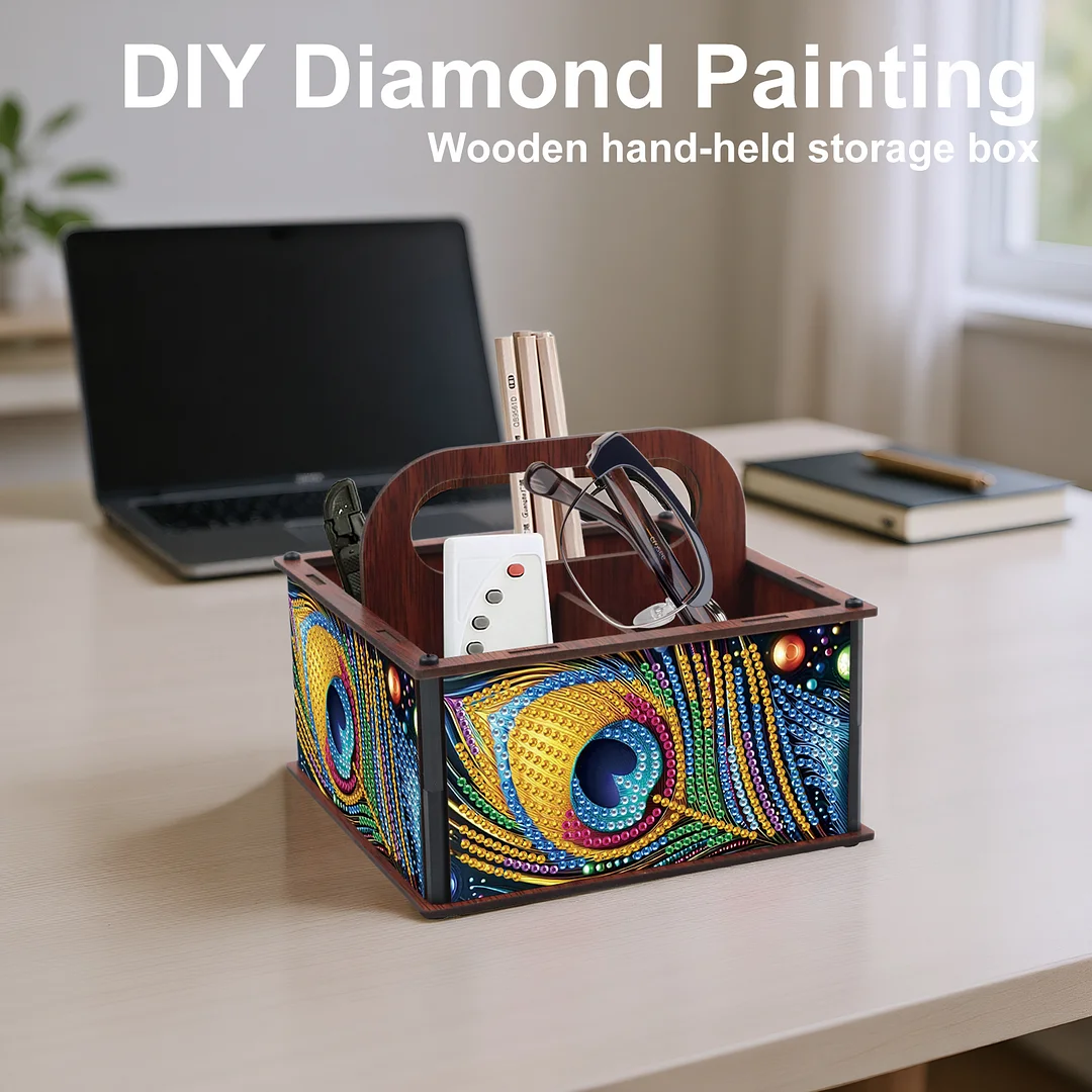 DIY Peacock Feather Wooden Diamond Painting Handheld Storage Box Kit Home Decor