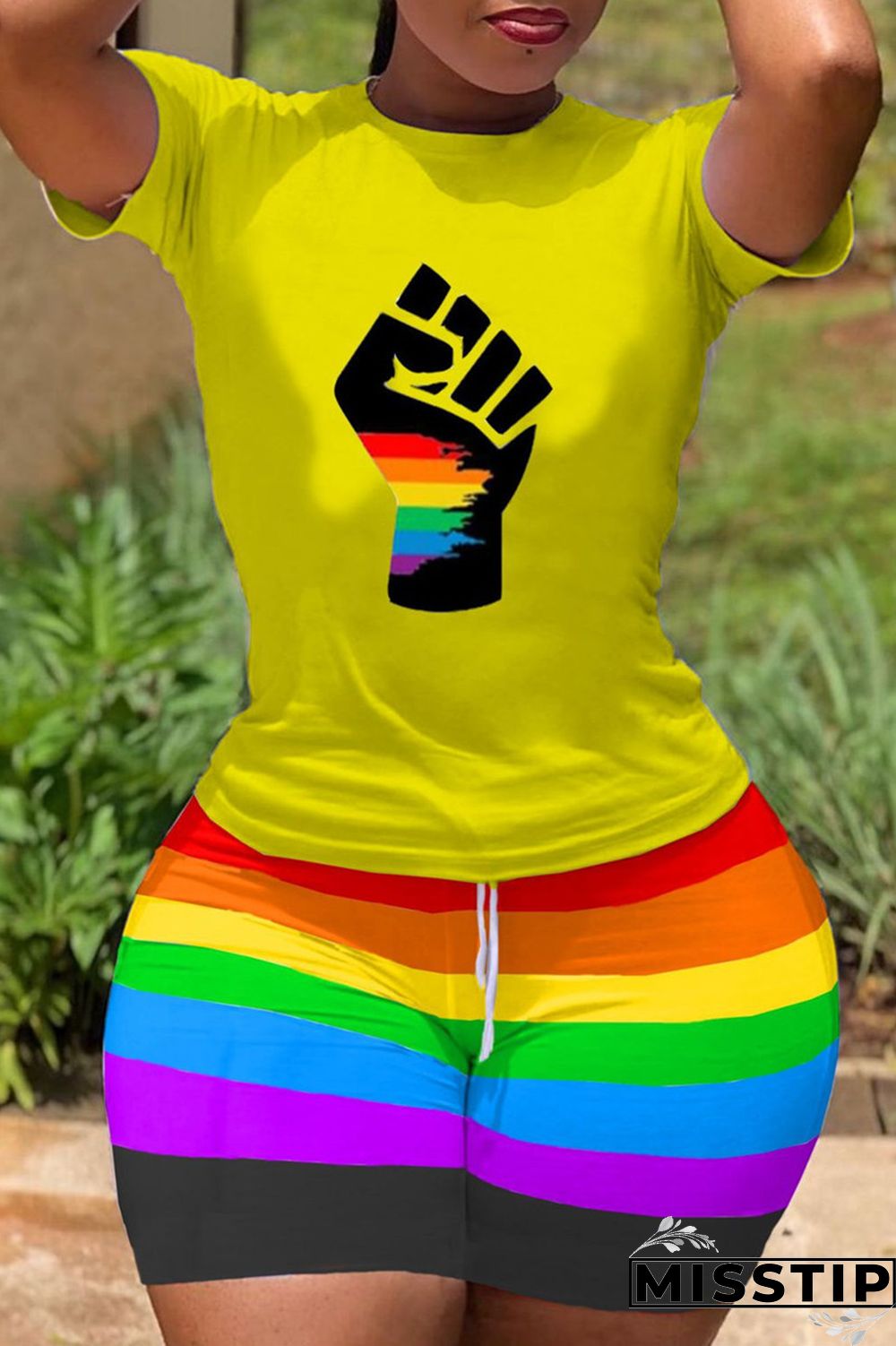 Yellow Fashion Casual Print Basic O Neck Short Sleeve Two Pieces