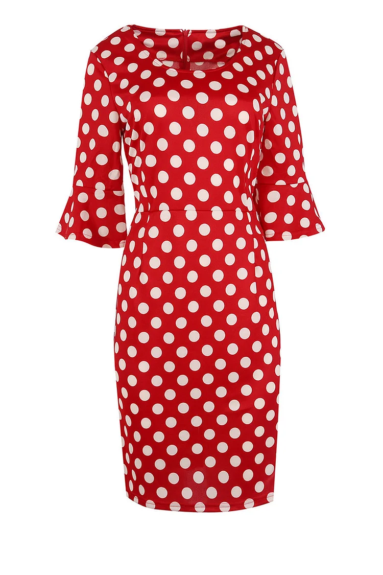 1950s Red Casual Flare Sleeve Polka Dot Bodycon Pencil Mini Dress
