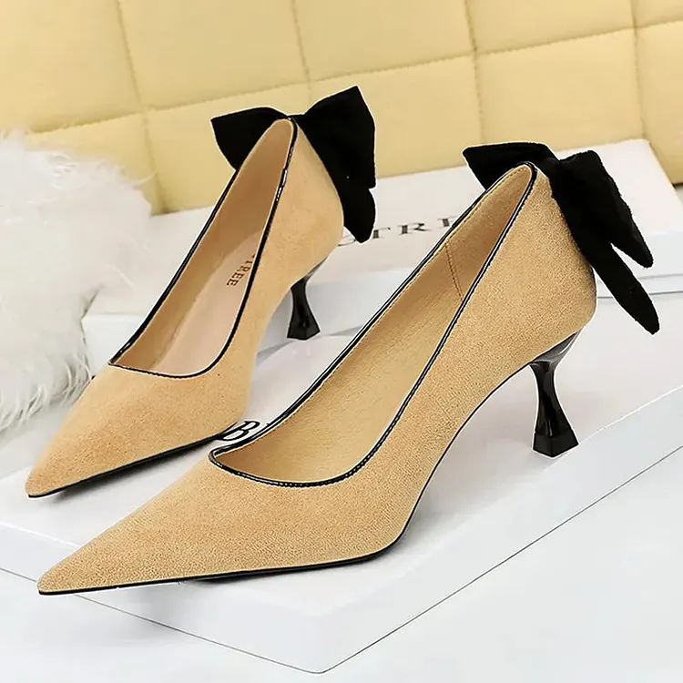 Bowknot Suede Female Kitten Heels Pumps - Spring New High-heels