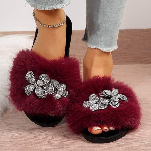 Women's Furry Rhinestone Faux Fur Slippers