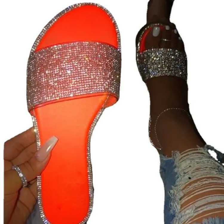 Breakj Breakj Summer Women's Flat Bottom Slippers Large Code New Bright Drill Flat Bottom Slippers Women Cold Slippers