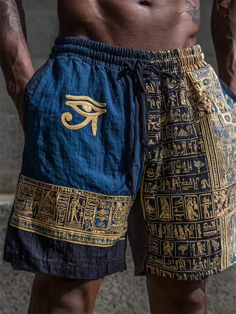 Men's Eye Of Horus Ancient Egyptian Embroidered Contrast Linen Shorts